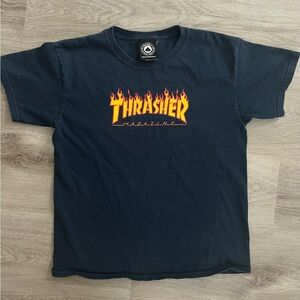 Thrasher Magazine Youth Medium Navy Graphic Skateboarding Flame Cotton T Shirt